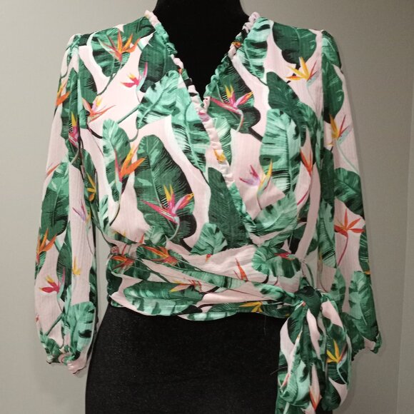 EVA MENDES CROPPED OPEN BACK WRAP BLOUSE WITH SASH PARADISE PRINT SIZE M - Picture 1 of 9